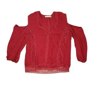 Alice + Olivia Farah Lace Inset Silk Cold Shoulder Top Womens‎ Small Red